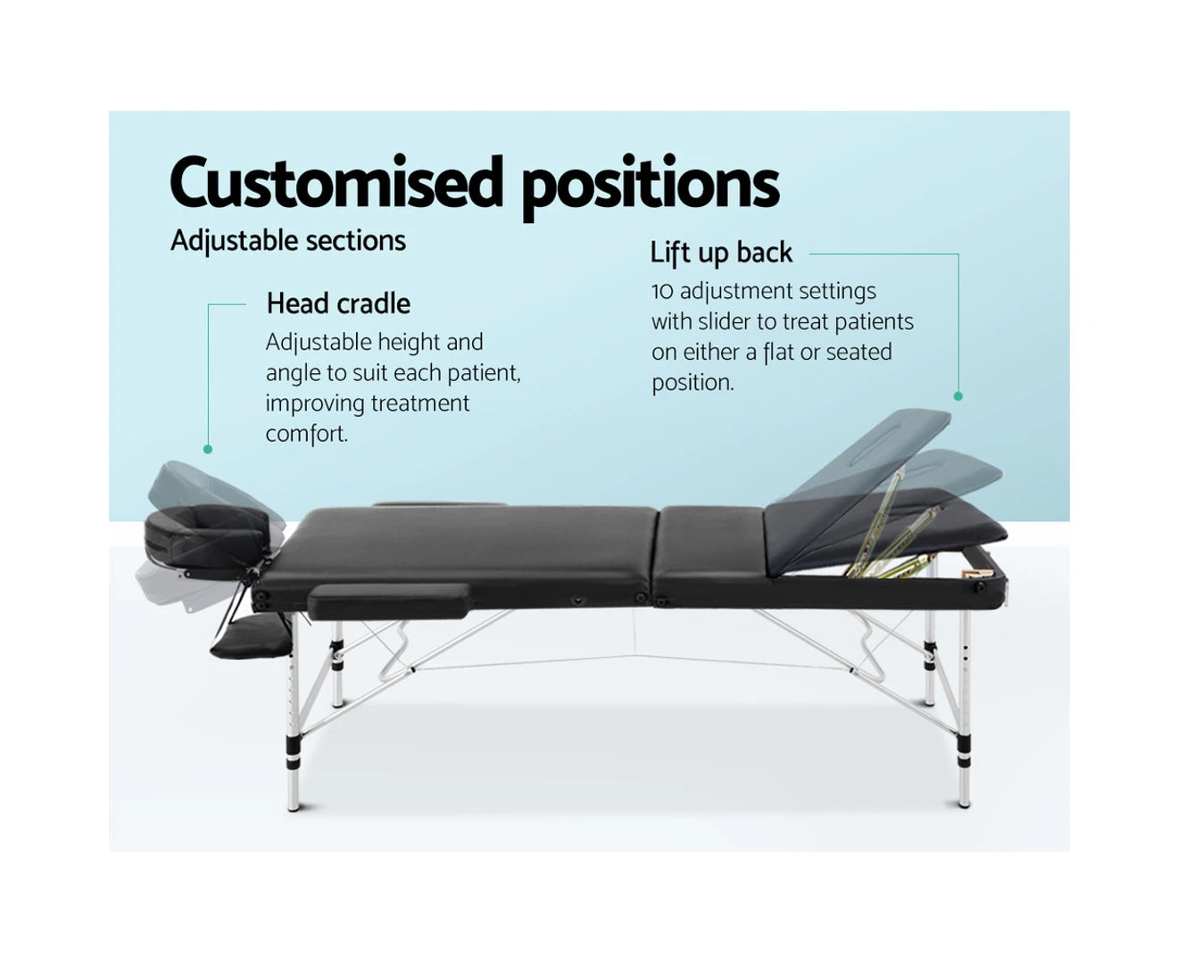 Portable Aluminium 3-Fold Massage Table - 75cm Black Beauty Bed