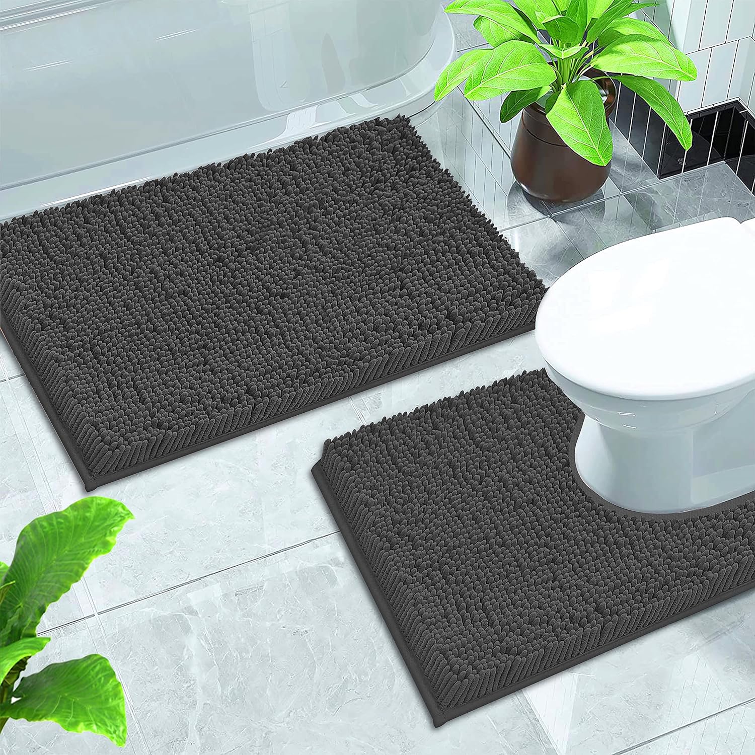 2 Pieces Chenille Non-Slip Bath Mat Set