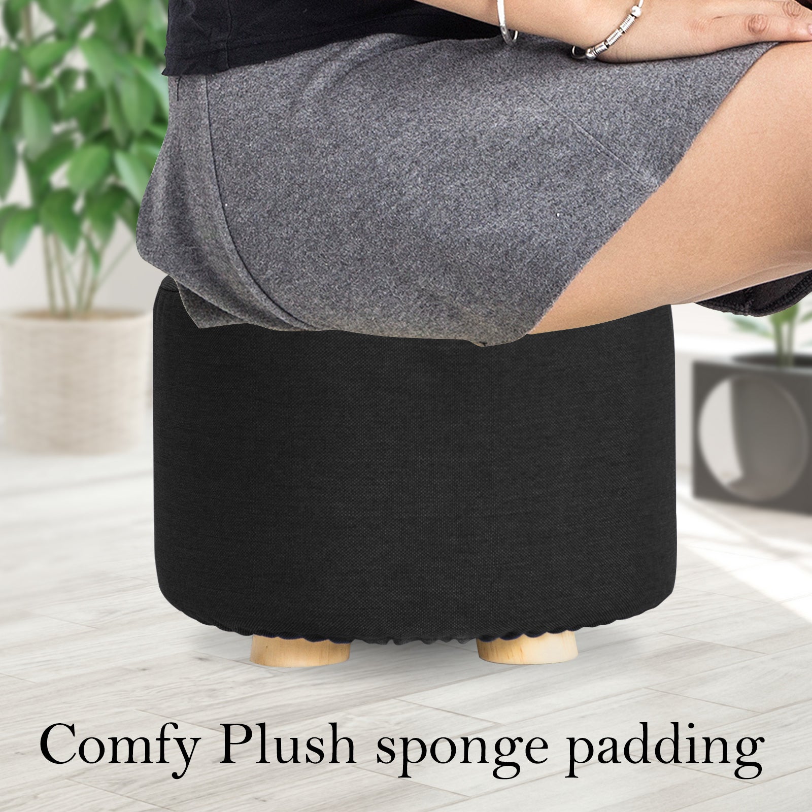 Fabric Ottoman Round Foot Stool Rest Pouffe Wooden Leg Padded Seat - BLACK