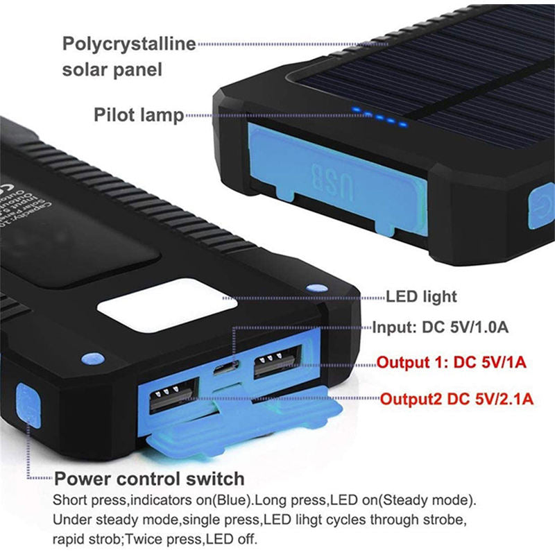 Waterproof Solar Power Bank - 10,000mAh External Battery