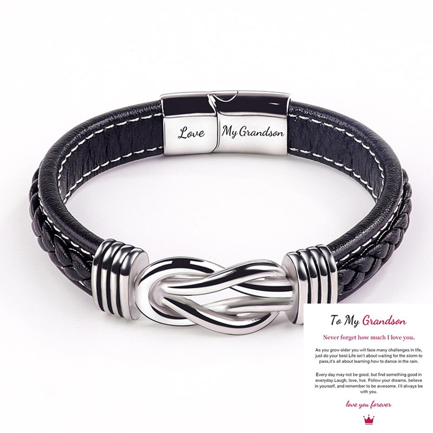 Braided Leather Knot Bracelet For Grandson From Grandmother Love Forever