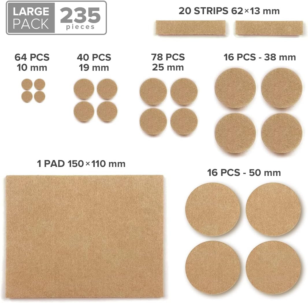 Premium Furniture Pads 235 Pieces ! Giant Pack of Felt Pads for Furniture Feet - Best Wood Floor Protectors for Furniture & Items - Ideal Chair Glides - Protect Any Kinds of Hard Floors!