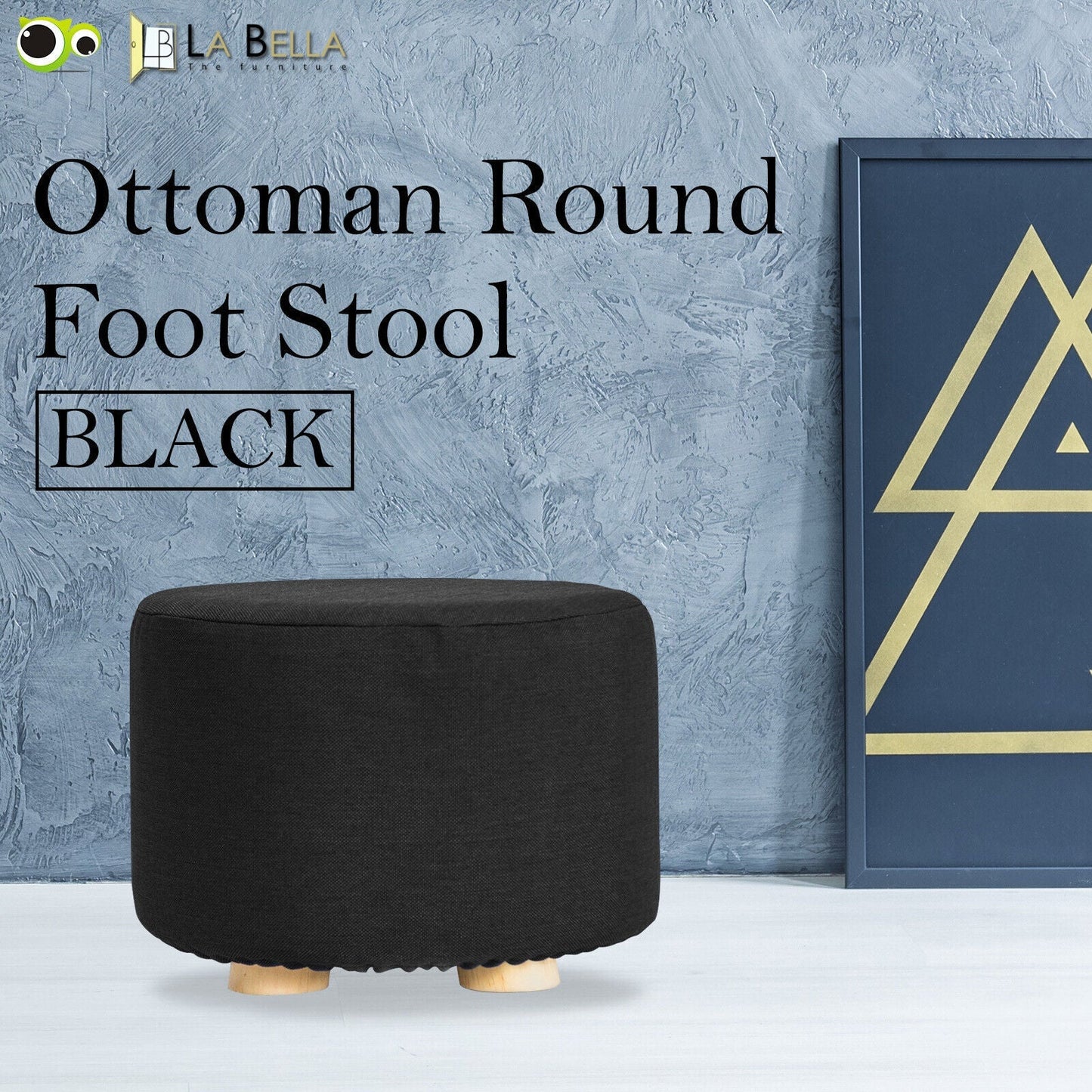 Fabric Ottoman Round Foot Stool Rest Pouffe Wooden Leg Padded Seat - BLACK